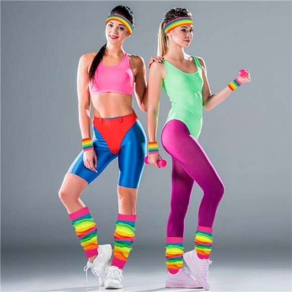 Neon 80s Workout Set Leg Warmers Headband Wristbands Dance Costume Outfit - Picture 2 of 7